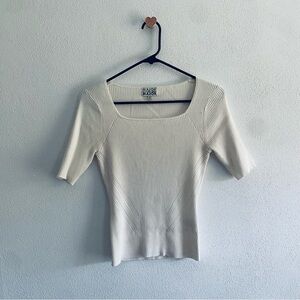Major Label Cream Fitted Ribbed Short Sleeve Top